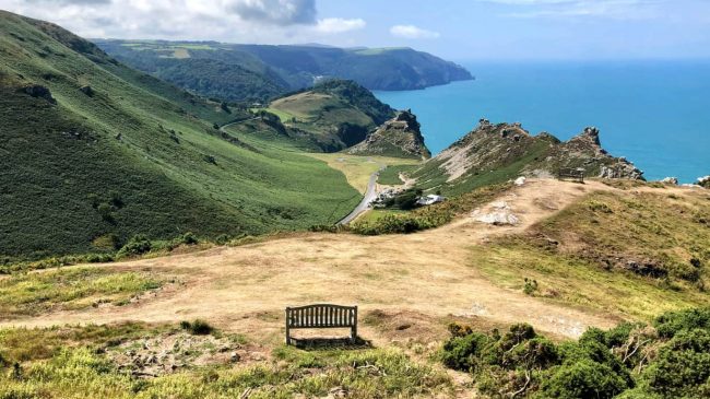 Bench overlooking the Valley of Rocks on the Exmoor coast near Lynton and Lynmouth.
