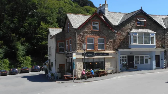 Lyndale Tea Rooms in Lynton, North Devon, with outdoor seating and historic stone building.