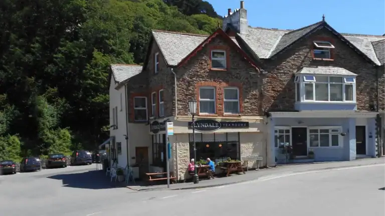 Lyndale Tea Rooms in Lynton, North Devon, with outdoor seating and historic stone building.