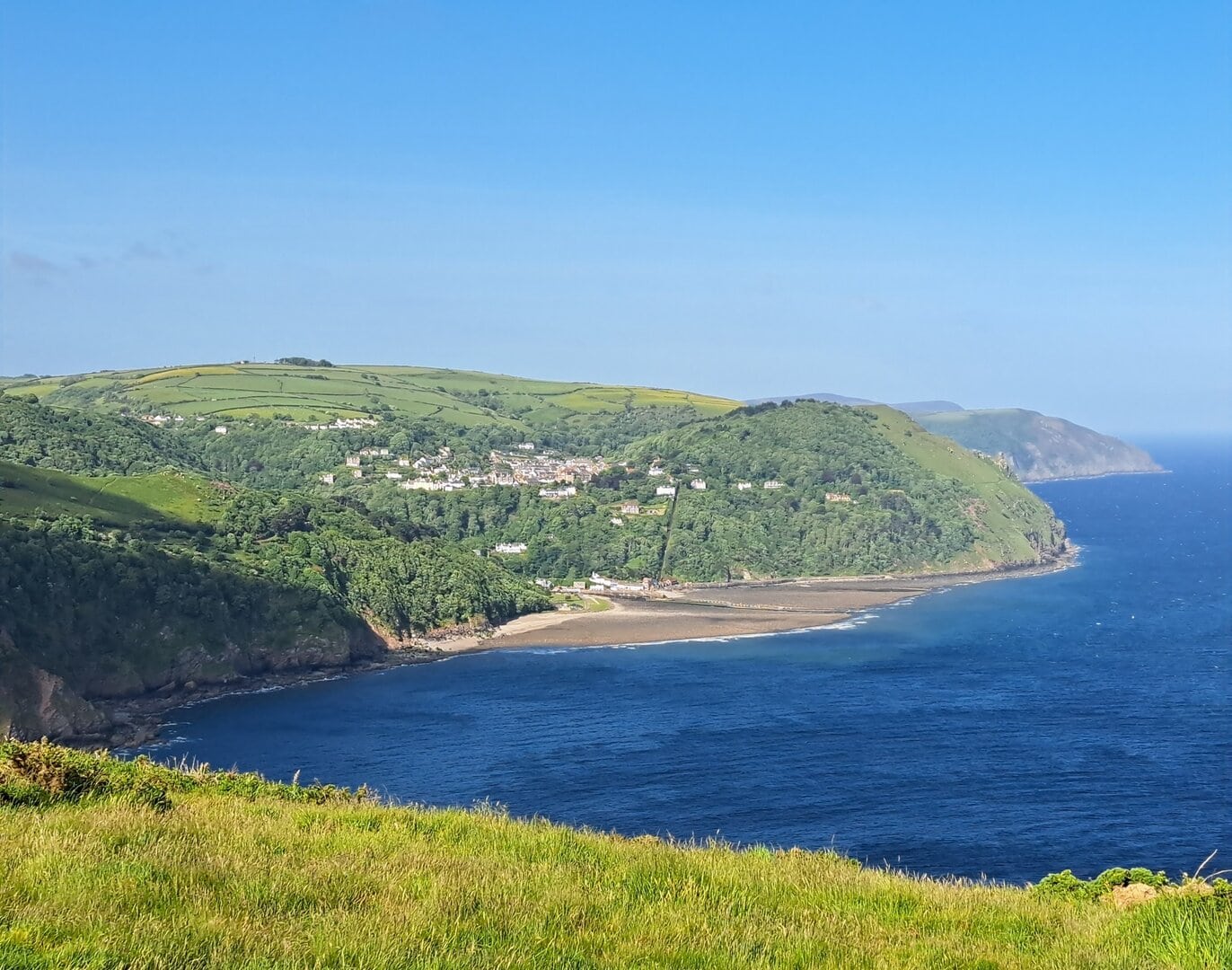 Cliffside views of Lynton and Lynmouth overlooking the Bristol Channel in Exmoor National Park.