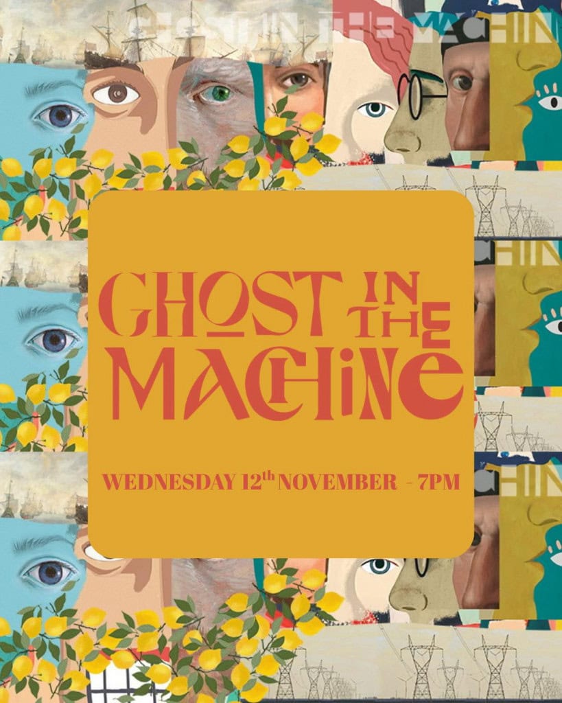Mysterious poster for "Ghost in the Machine" event in Lynton & Lynmouth, featuring a colourful collage background.