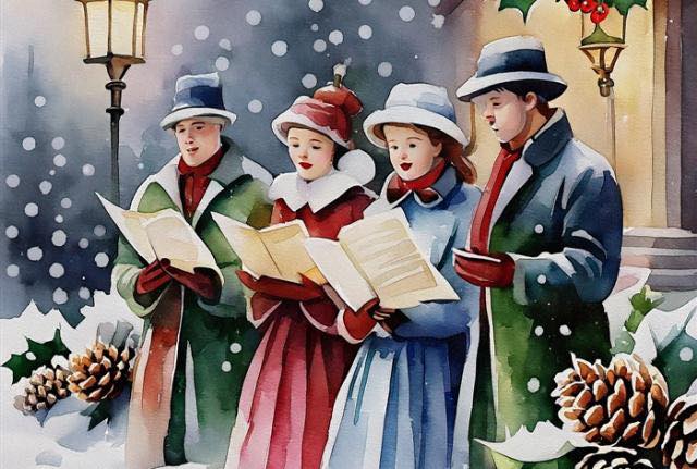 Lynton & Lynmouth Christmas carol singers singing outdoors in a snowy setting.