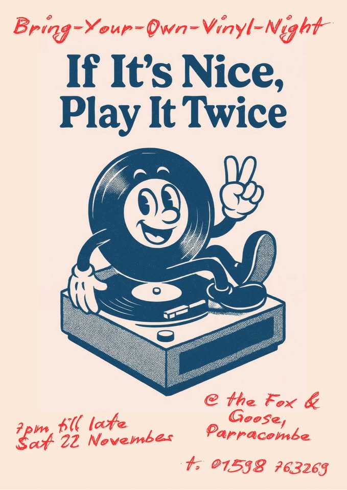 Vinyl night flyer with retro turntable cartoon and event details in red text.
