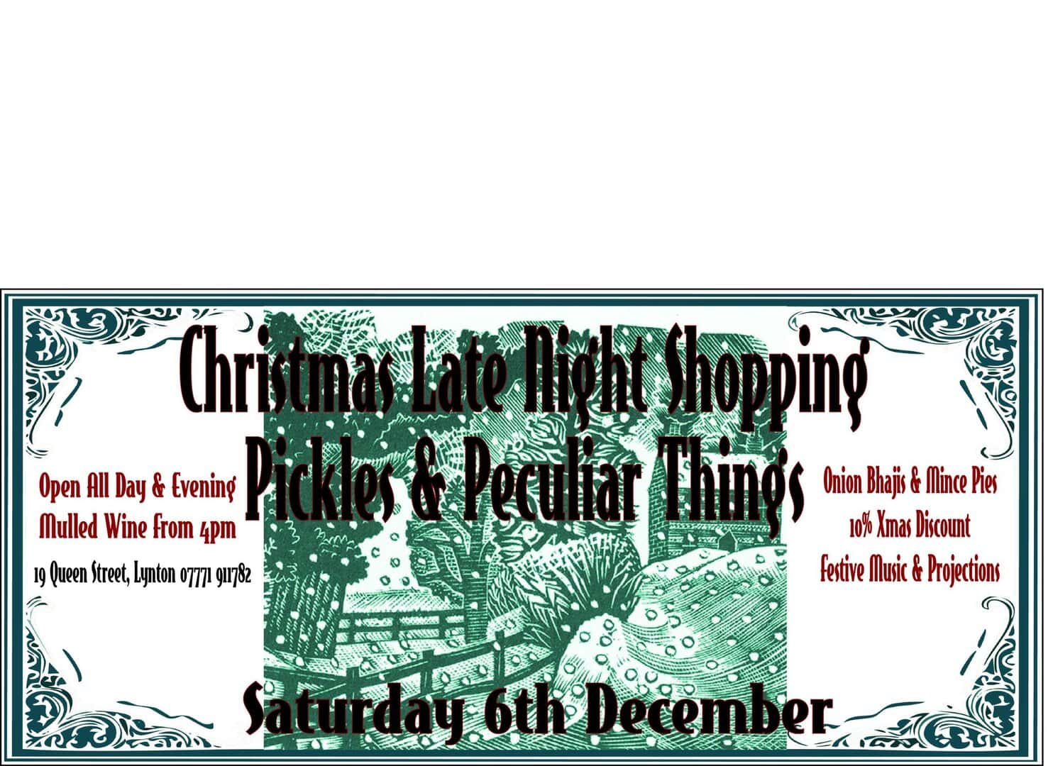 Festive shopping event poster for Christmas Late Night Shopping in Lynton, featuring pickles, peculiar items, and seasonal discounts.