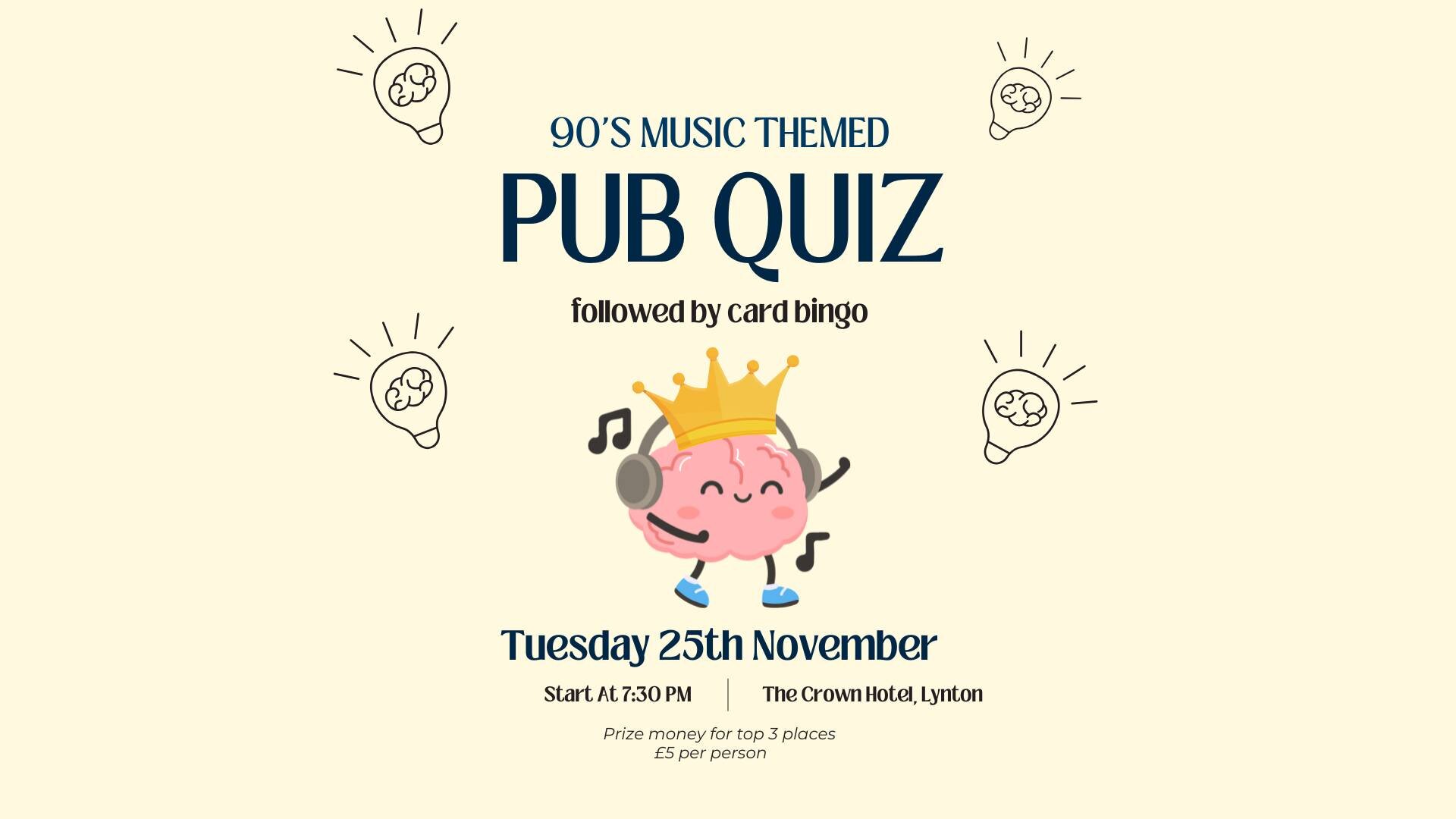 Pub quiz poster with brain character wearing a crown, headphones, and dancing in a light background.