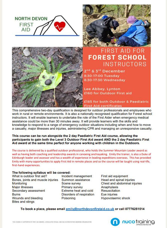 First aid training course poster promoting outdoor and paediatric first aid certification in North Devon for forest school instructors in Lynton and Lynmouth.
