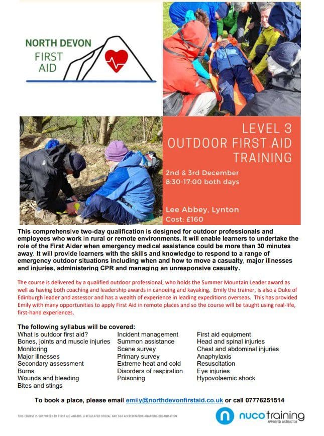First aid training course poster with outdoor activities in Exmoor National Park.