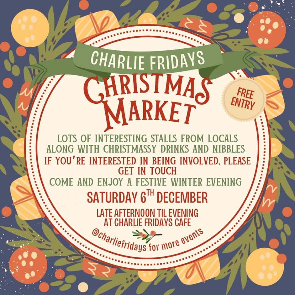 Christmas market promotional poster with festive decorations and event details.