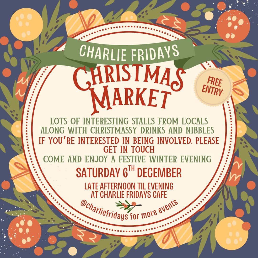Christmas market promotional poster with festive decorations and event details.