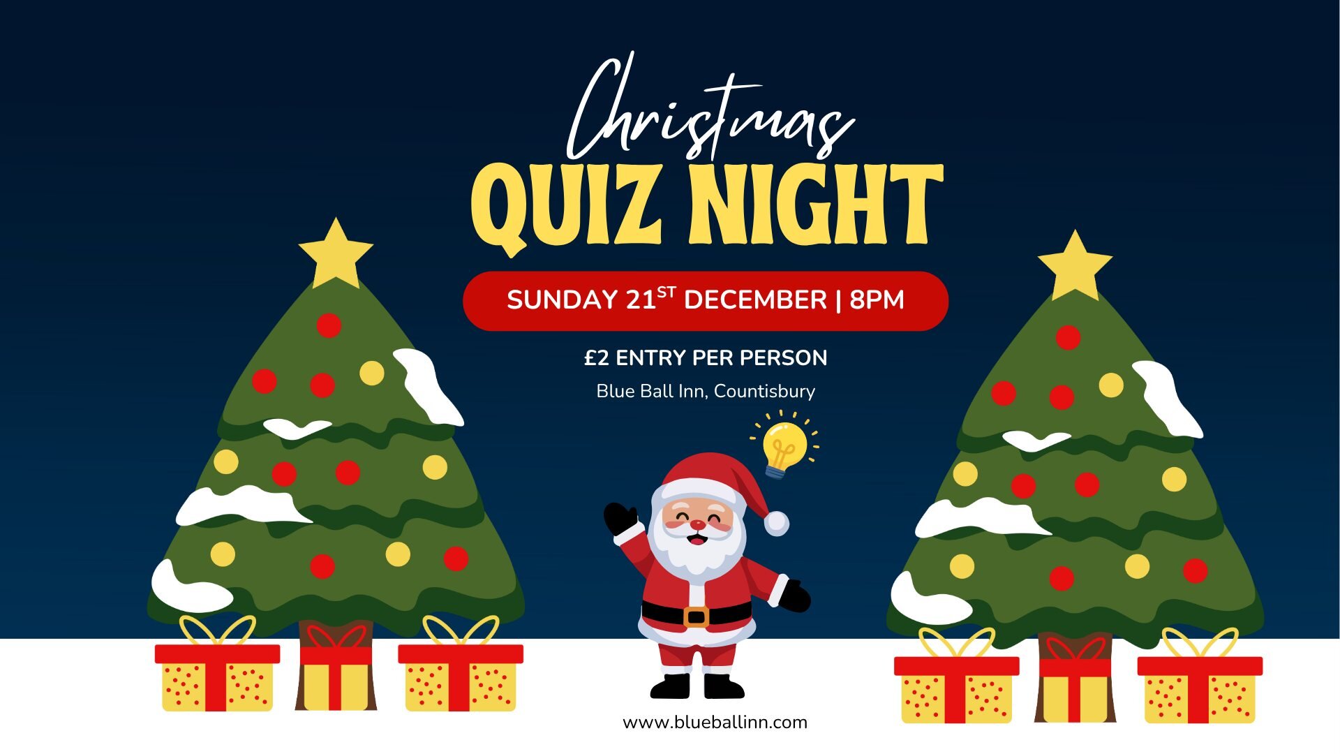 Festive quiz night poster with decorated Christmas trees and Santa in a blue background.