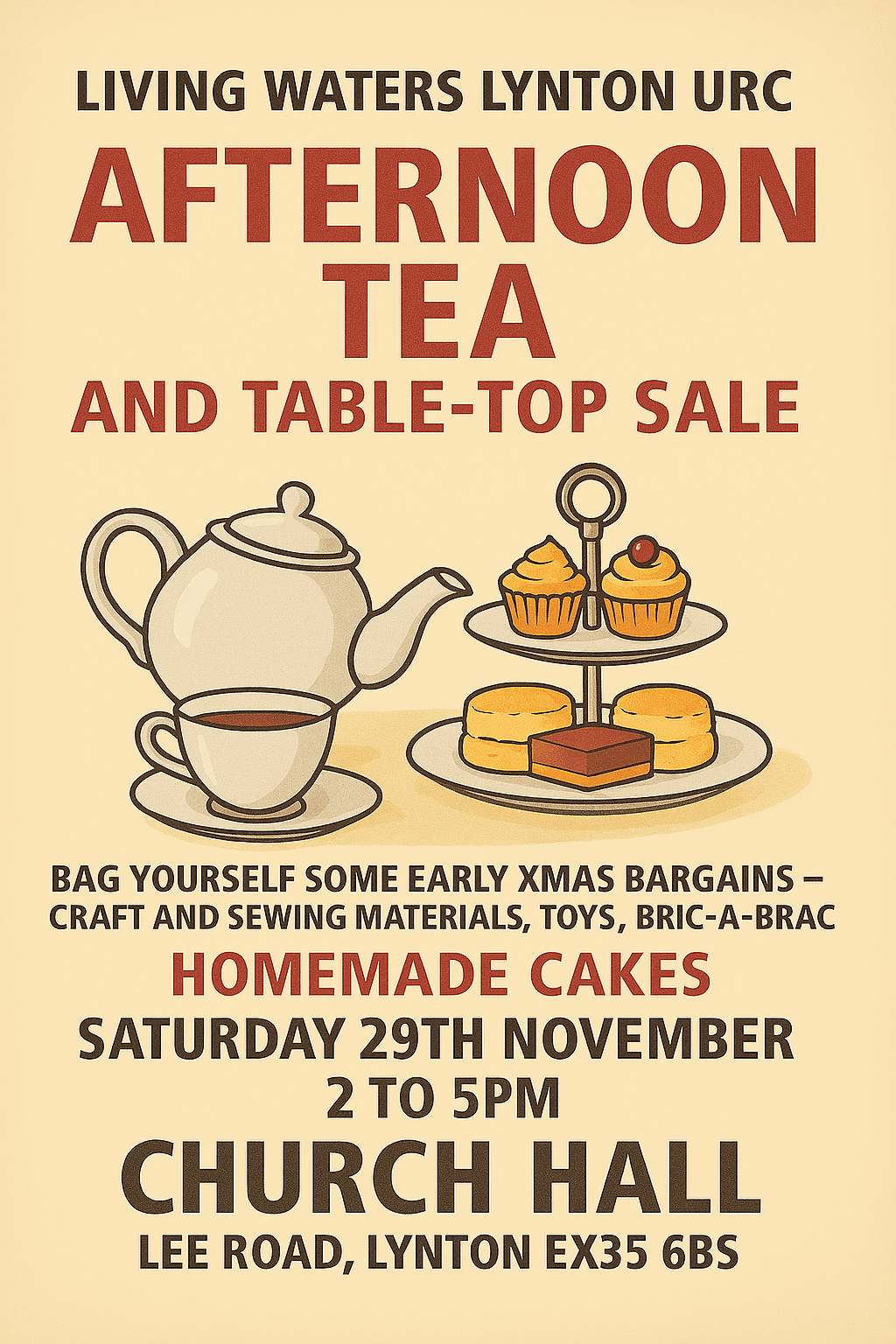 Teapot with teacup and tiered tray of homemade cakes, cupcakes, and biscuits.