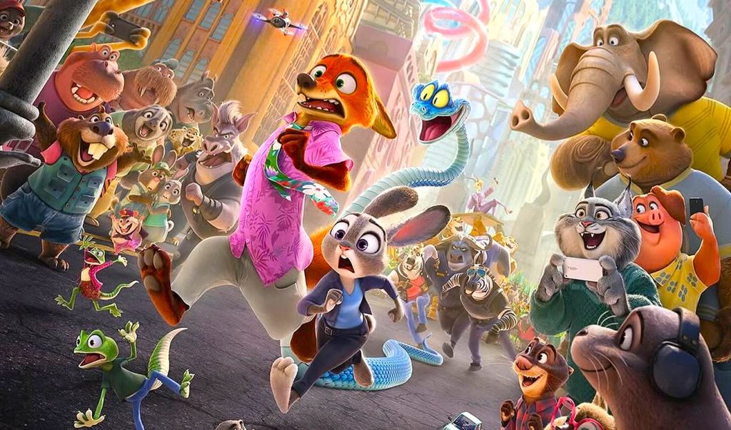 Vibrant animated group of animals running and taking selfies in a lively city setting.