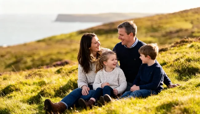 Family Fun in the Exmoor countryside near Lynton & Lynmouth, with a family walking together and a soft coastal backdrop.
