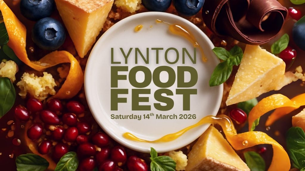 Beautiful close-up of various cheeses, berries, and desserts promoting Lynton Food Fest 2026.