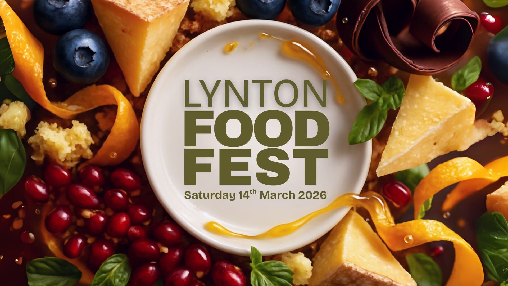 Beautiful close-up of various cheeses, berries, and desserts promoting Lynton Food Fest 2026.