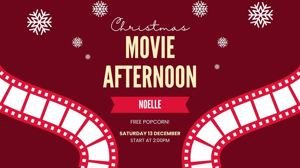Bright red background with white snowflakes and film reel graphics.