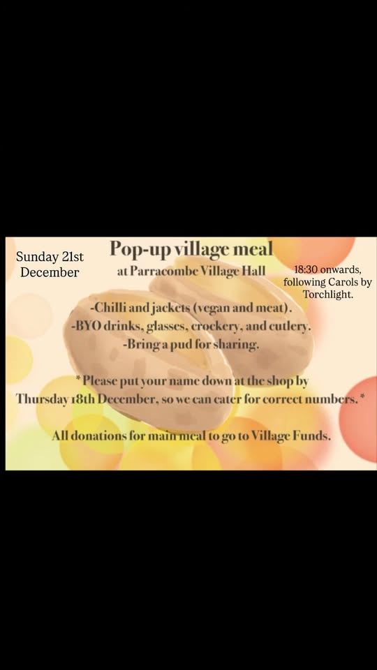 Community event poster for a village meal at Parracombe.