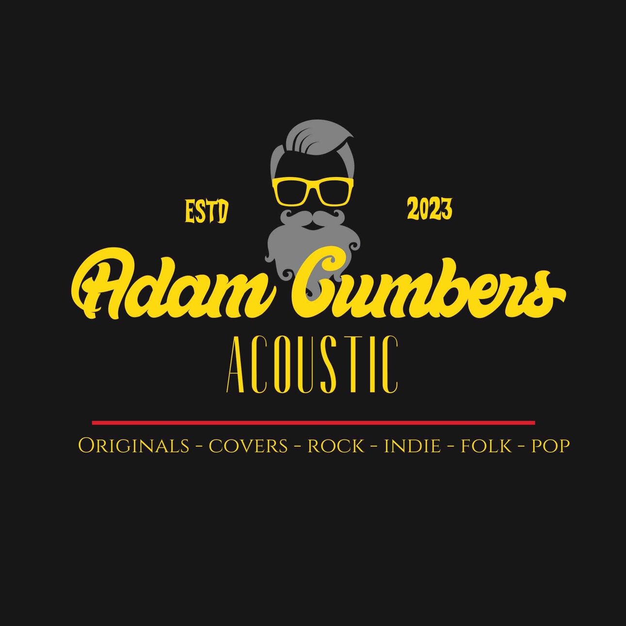 Stylish logo of Adam Gumbers, showcasing a bearded man with yellow sunglasses, representing an acoustic music brand established in 2023.