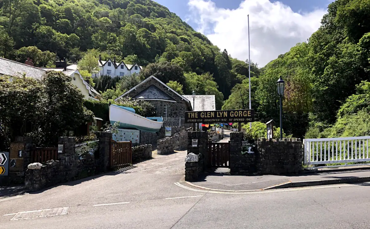A view of the entrance to The Glen Lyn Gorge in a scenic wooded area in North Devon.