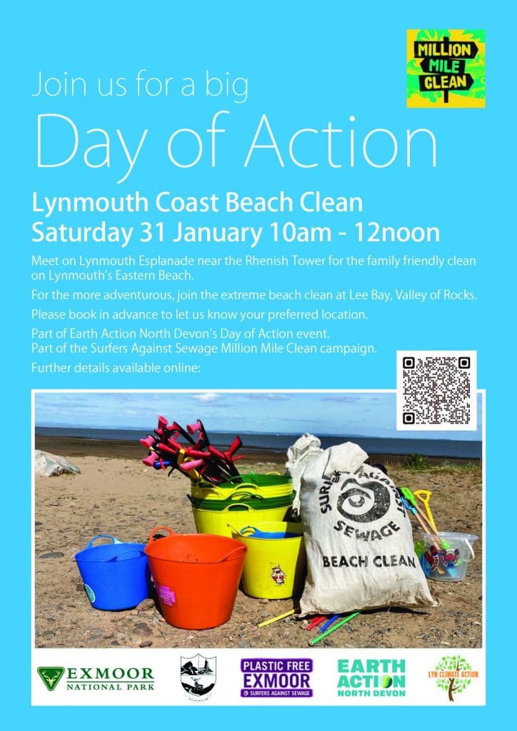 Brightly coloured buckets and tools for beach cleaning on Lynmouth's eastern shore.