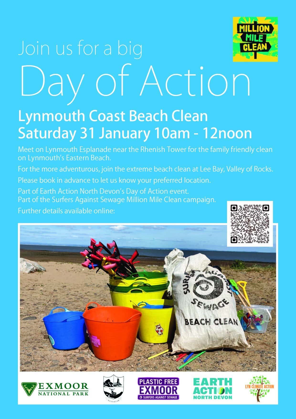Brightly coloured buckets and tools for beach cleaning on Lynmouth's eastern shore.