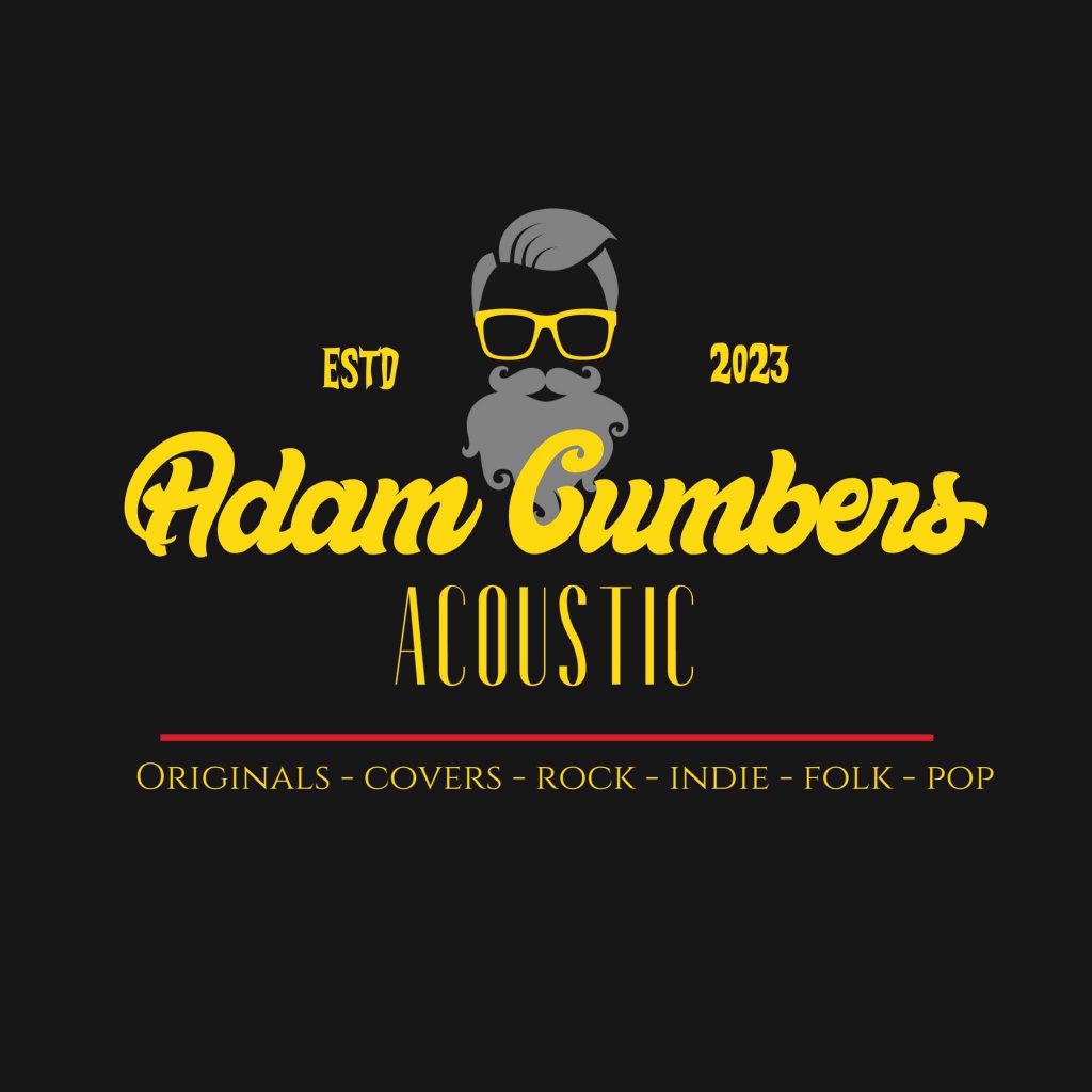 Bright yellow and black logo for Adam Cumbers Acoustic music, established in 2023.