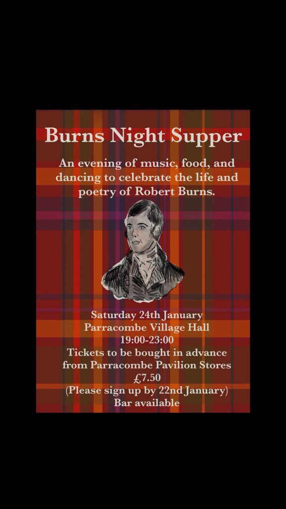 Portrait of Robert Burns on a tartan background.