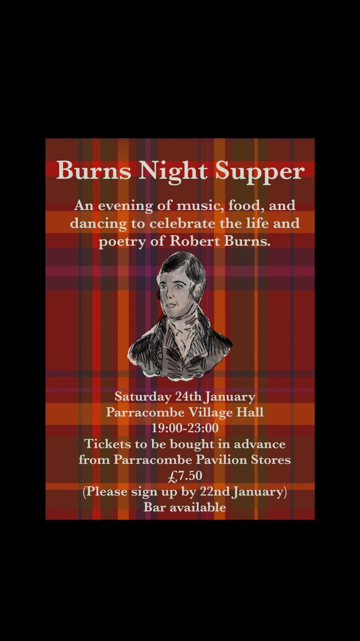 Portrait of Robert Burns on a tartan background.