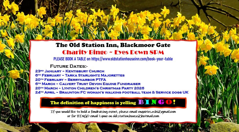 Sign for charity bingo night at The Old Station Inn, Blackmoor Gate, Exmoor.