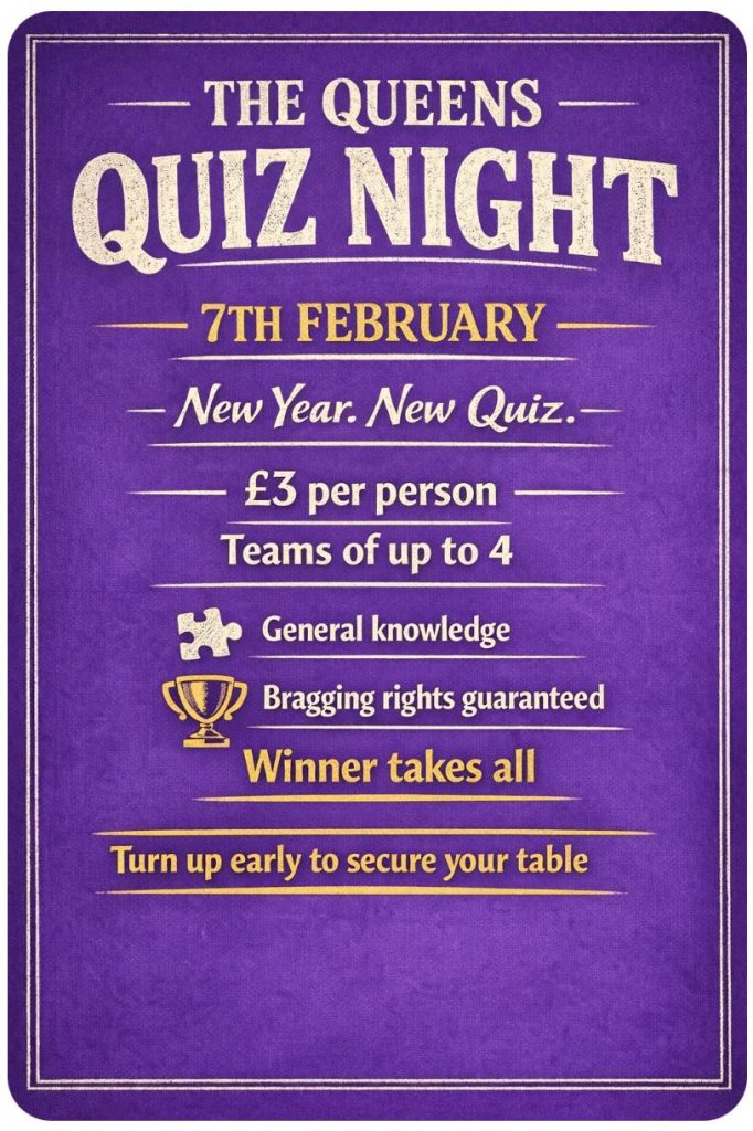 Colourful quiz event poster for quiz night at The Queens in Lynton.
