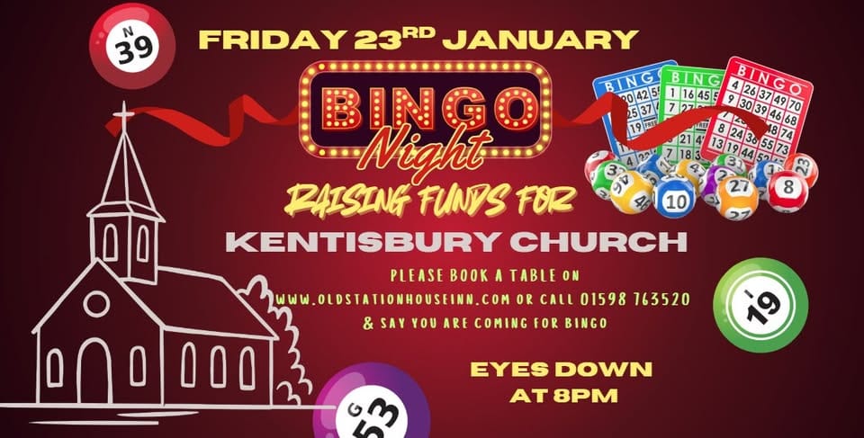A colourful promotional poster for bingo night at Kentisbury Church, featuring bingo balls, date, and contact info.