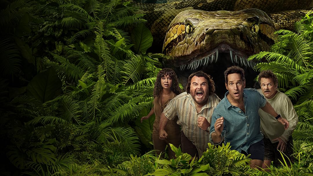 A group of people running from a giant, menacing dinosaur in lush jungle foliage.