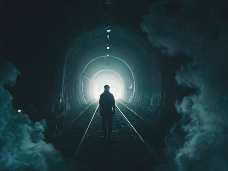 A person walking through a glowing tunnel within a dark railway tunnel.