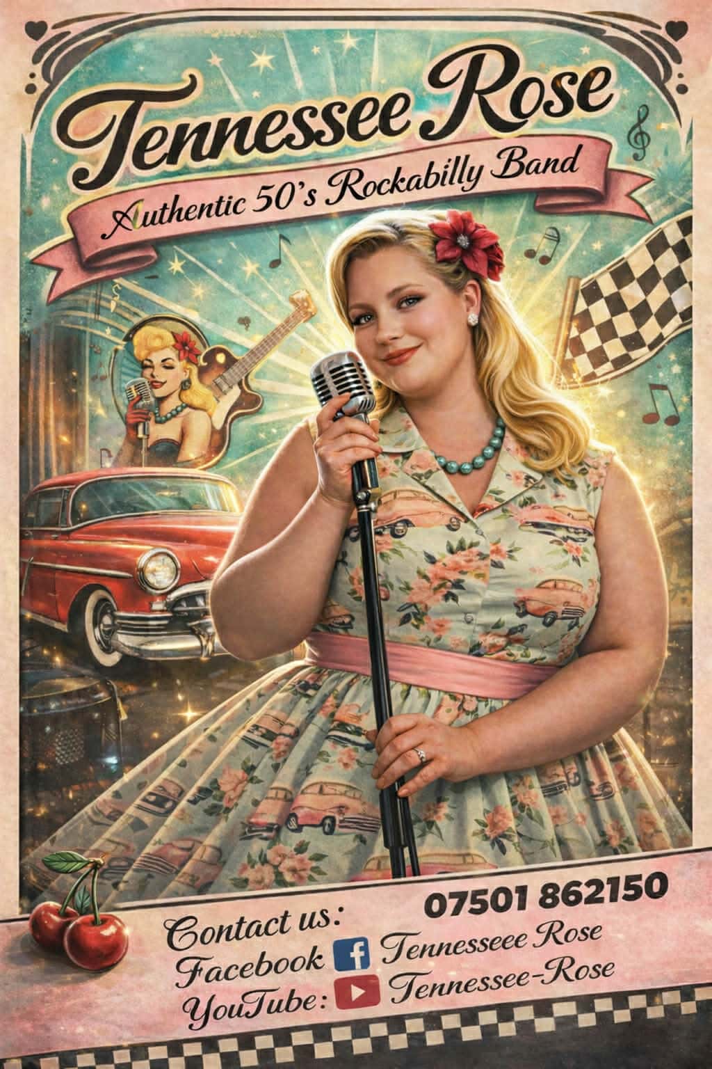 Style poster promoting Tennessee Rose, an authentic 50s rockabilly band.