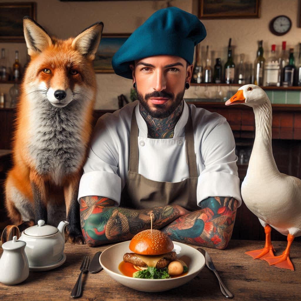 A chef with a fox and a goose at a cosy pub in North Devon.
