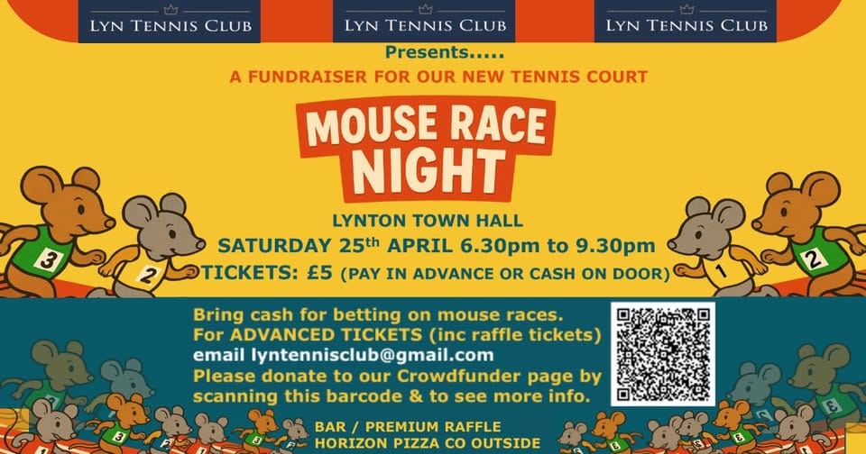 Mice racing at Lyn Tennis Club fundraiser event in Lynton.