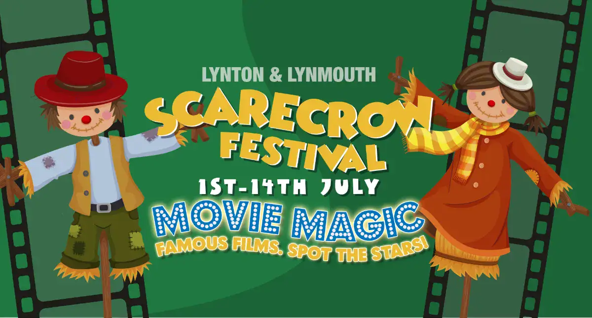 Colourful scarecrows at the festival in Lynton and Lynmouth, showcasing creative costumes and lively.