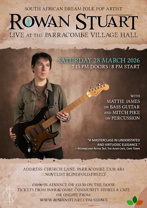 Musician Rowan Stuart with electric guitar at concert poster.