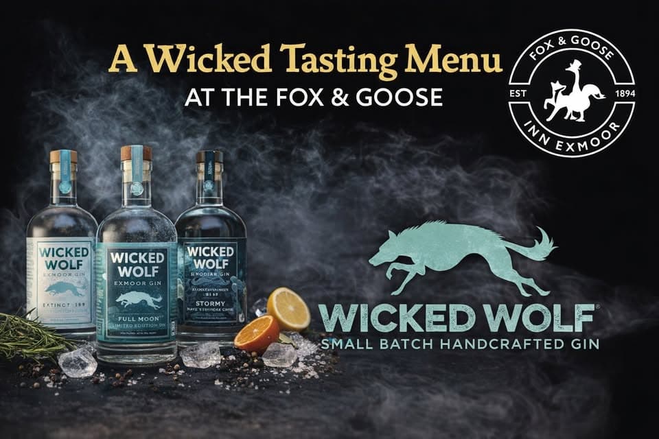 Three bottles of Wicked Wolf gin with lemon and ice, on a dark background.
