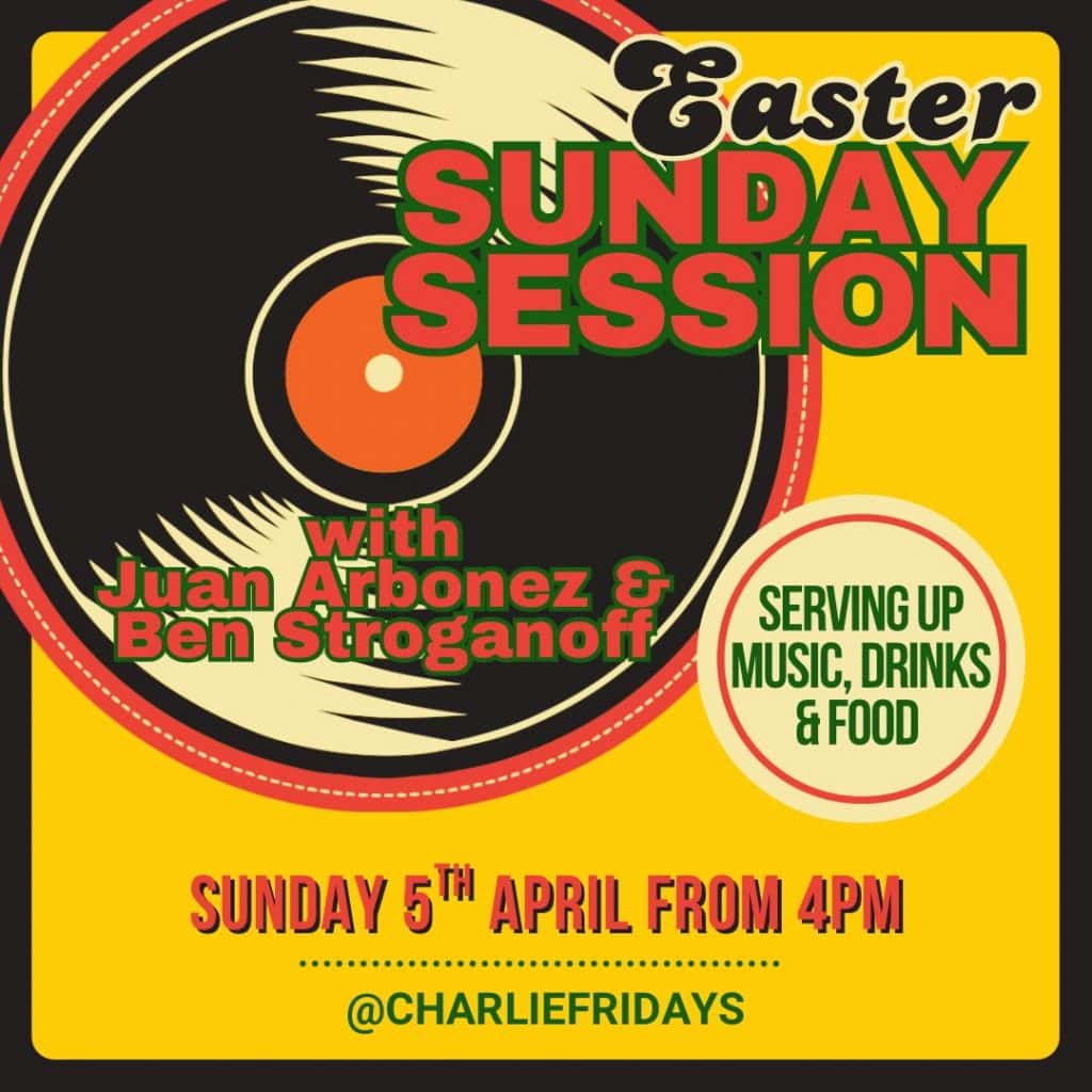 Easter Sunday session poster at Charlie Friday's Coffee Shop, Lynton.