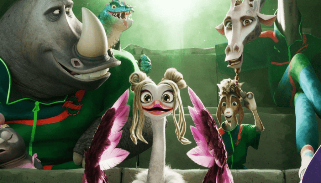 Animated animal characters from the film "GOAT" at Lynton Cinema.