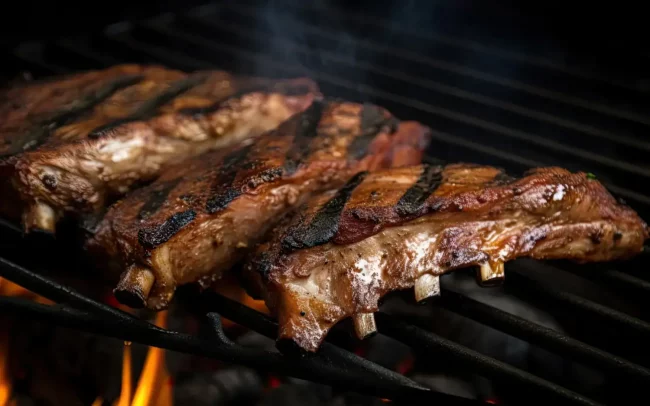 Smoked ribs cooking over flame at Exmoor BBQ in Barbrook near Lynton