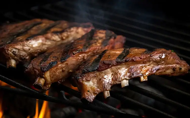Smoked ribs cooking over flame at Exmoor BBQ in Barbrook near Lynton