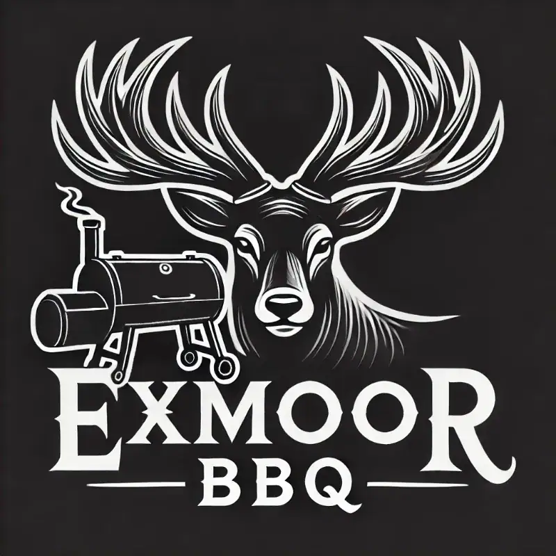 Exmoor BBQ logo featuring a stag and a steam train on a black background.