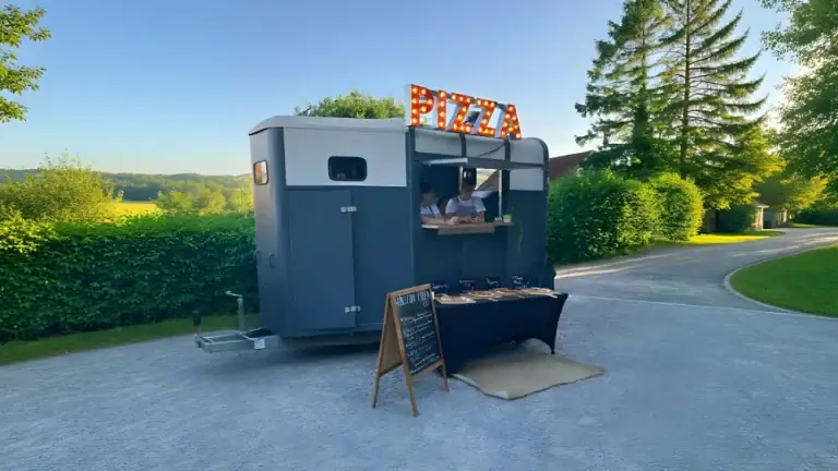 A mobile pizza stand with a "PIZZA" sign serving food outdoors in a lush park.