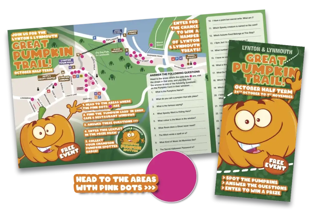 Map of the Great Pumpkin Trail in Lynton & Lynmouth with pumpkin mascot.